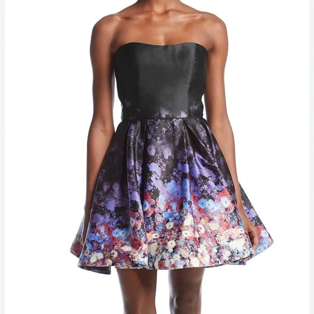 Betsy & Adam Black Satin Floral Strapless Fit & Flare Party Dress Size 12